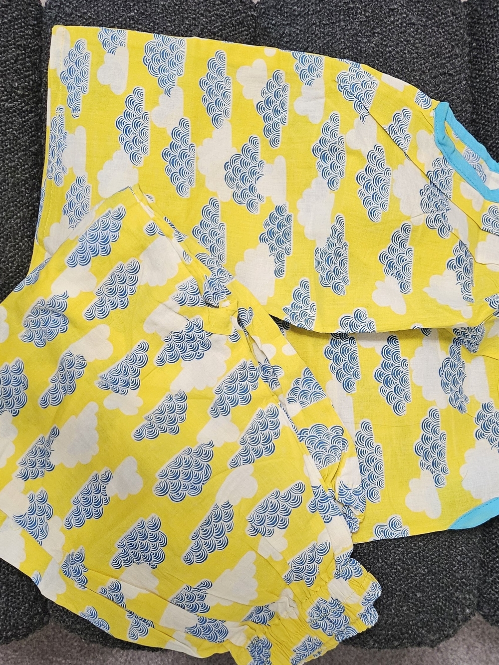 2 Kids Outfits - Yellow Cloud-Print Kids Bottoms Set And Blue Dress